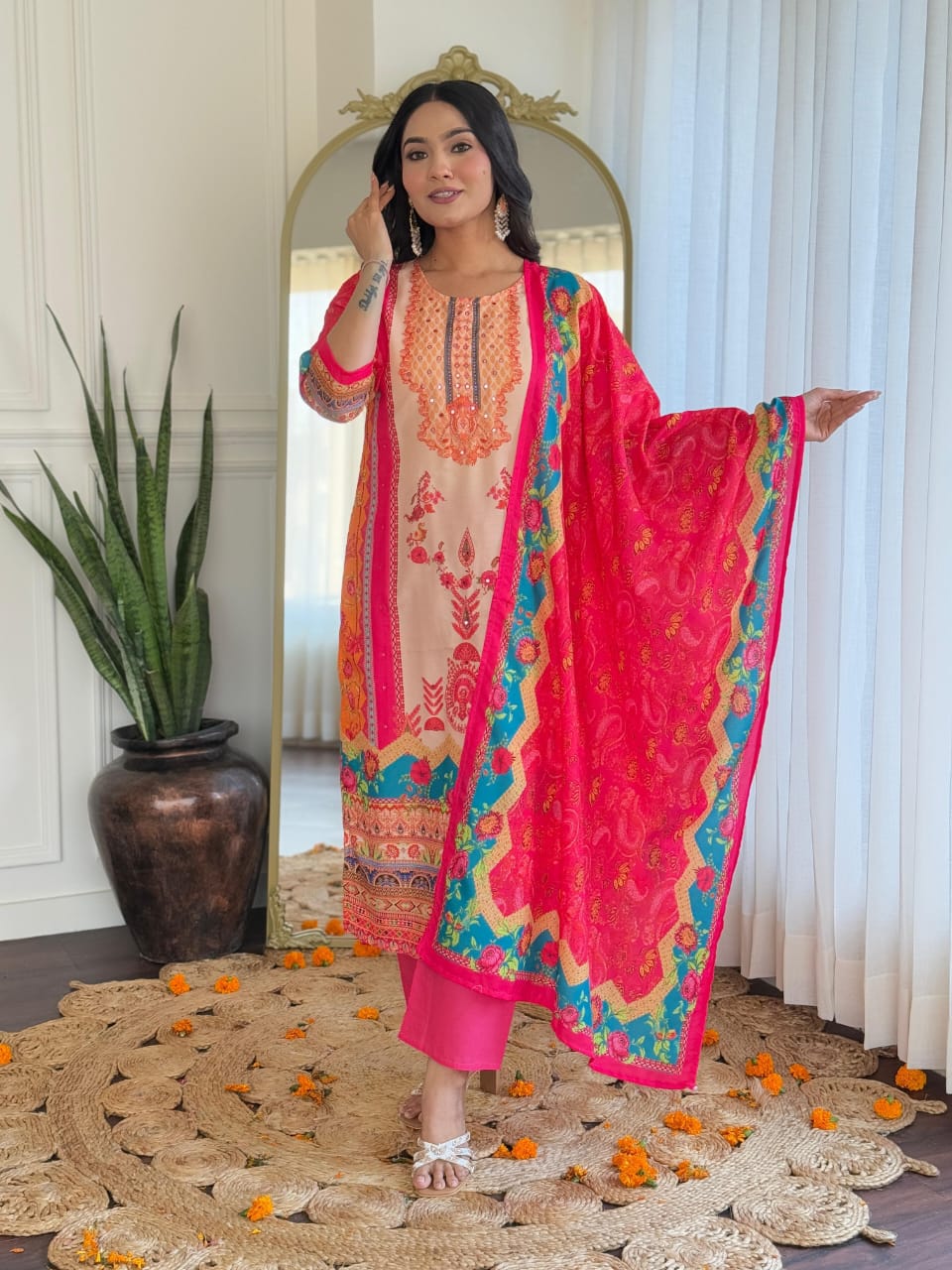 New Launch ✨✨✨✨ Pakistani Suits made from Muslin fabric with digital prints and beautiful hand work on kurti sound like a fashionable choice for upcoming occasions.(WARED164)