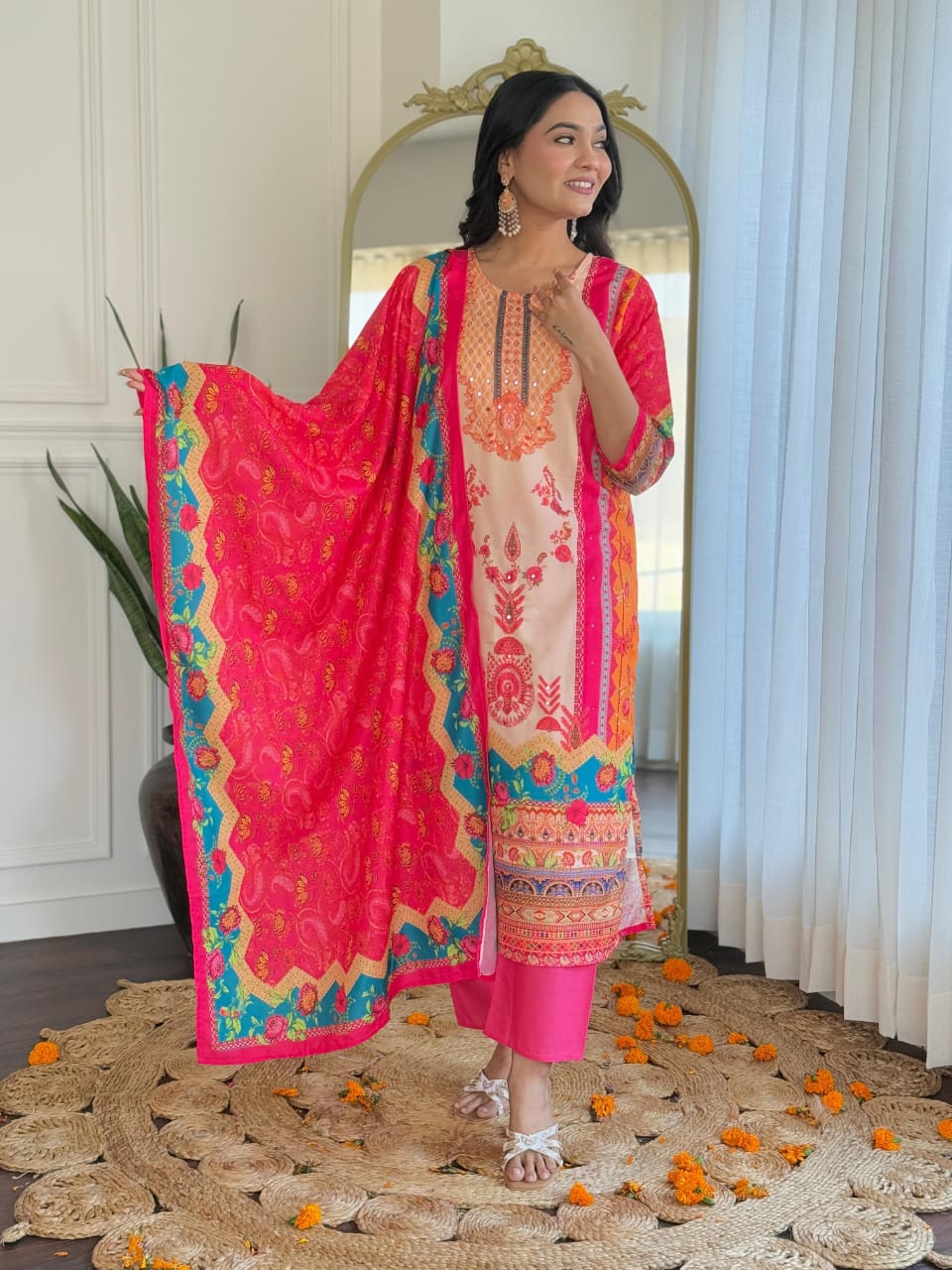 New Launch ✨✨✨✨ Pakistani Suits made from Muslin fabric with digital prints and beautiful hand work on kurti sound like a fashionable choice for upcoming occasions.(WARED164)