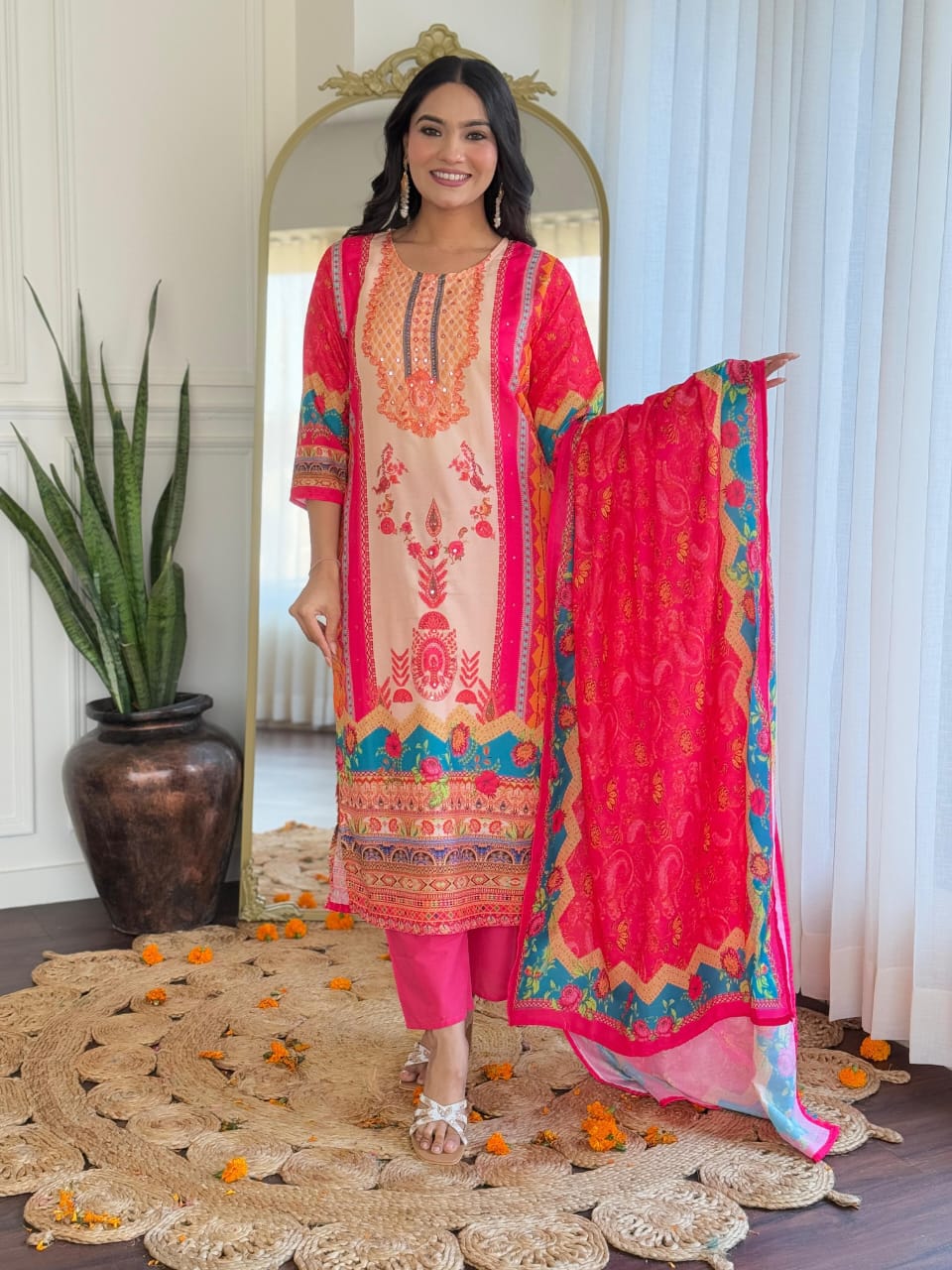 New Launch ✨✨✨✨ Pakistani Suits made from Muslin fabric with digital prints and beautiful hand work on kurti sound like a fashionable choice for upcoming occasions.(WARED164)