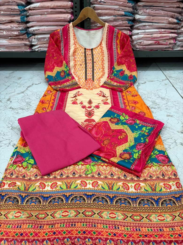New Launch ✨✨✨✨ Pakistani Suits made from Muslin fabric with digital prints and beautiful hand work on kurti sound like a fashionable choice for upcoming occasions.(WARED164)