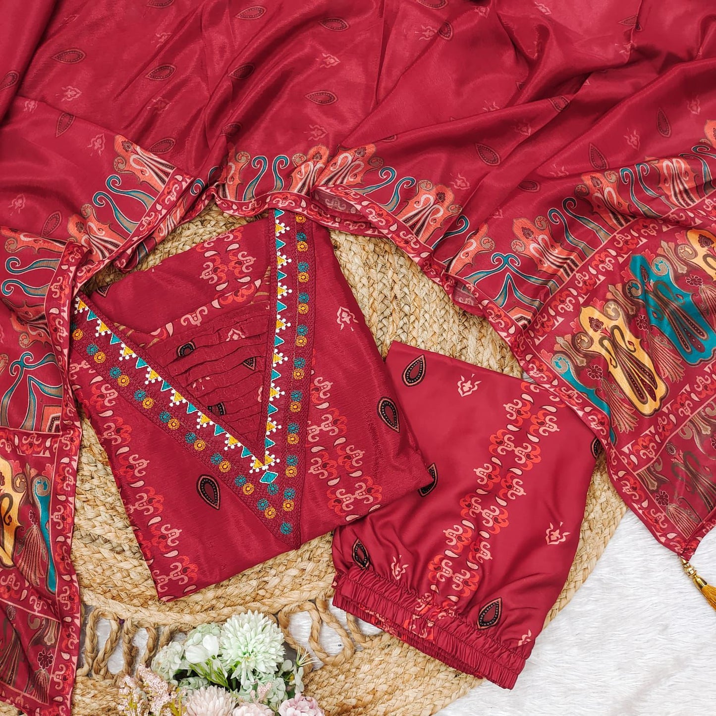 Beautiful pure premium chiffon digital printed Anarkali set with handwork on neck it has attached lining paired up with santoon slik pant and Organza digital printed dupatta sets(WARED07)