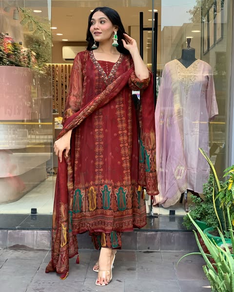 Beautiful pure premium chiffon digital printed Anarkali set with handwork on neck it has attached lining paired up with santoon slik pant and Organza digital printed dupatta sets(WARED07)