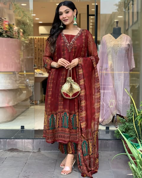 Beautiful pure premium chiffon digital printed Anarkali set with handwork on neck it has attached lining paired up with santoon slik pant and Organza digital printed dupatta sets(WARED07)