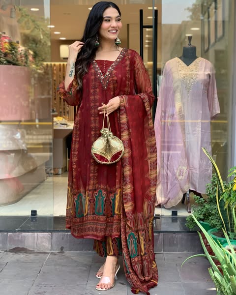 Beautiful pure premium chiffon digital printed Anarkali set with handwork on neck it has attached lining paired up with santoon slik pant and Organza digital printed dupatta sets(WARED07)