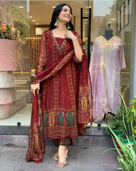Beautiful pure premium chiffon digital printed Anarkali set with handwork on neck it has attached lining paired up with santoon slik pant and Organza digital printed dupatta sets(WARED07)