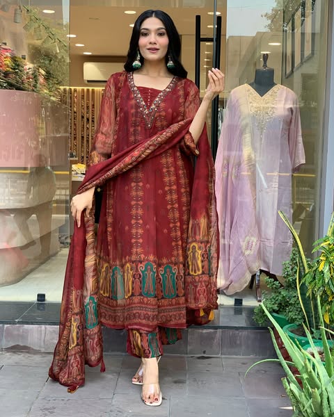 Beautiful pure premium chiffon digital printed Anarkali set with handwork on neck it has attached lining paired up with santoon slik pant and Organza digital printed dupatta sets(WARED07)