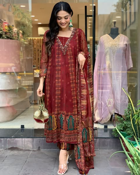 Beautiful pure premium chiffon digital printed Anarkali set with handwork on neck it has attached lining paired up with santoon slik pant and Organza digital printed dupatta sets(WARED07)