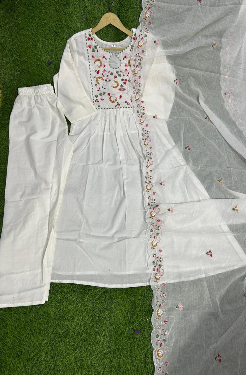 Pure Cotton60-60 super quality kurta with beautiful emb neck yoke & cotton pant with emb full malmal cotton dupatta. (WARED127)