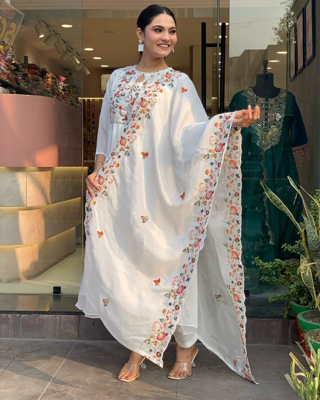 Pure Cotton60-60 super quality kurta with beautiful emb neck yoke & cotton pant with emb full malmal cotton dupatta. (WARED127)