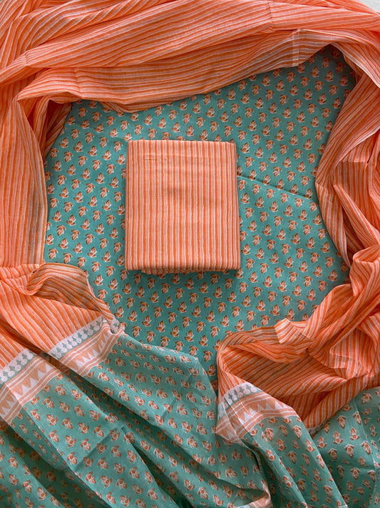 HAND BLOCK PRINT COTTON SUIT SET WITH MULMUL DUPATTA