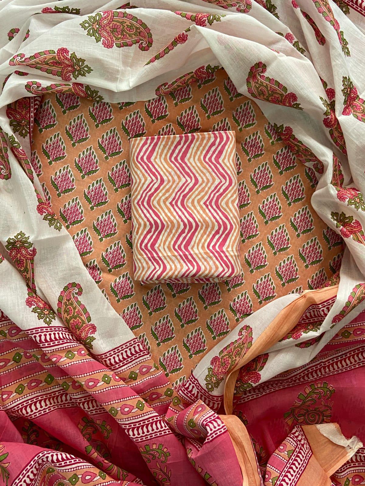 HAND BLOCK PRINT COTTON SUIT SET WITH MULMUL DUPATTA