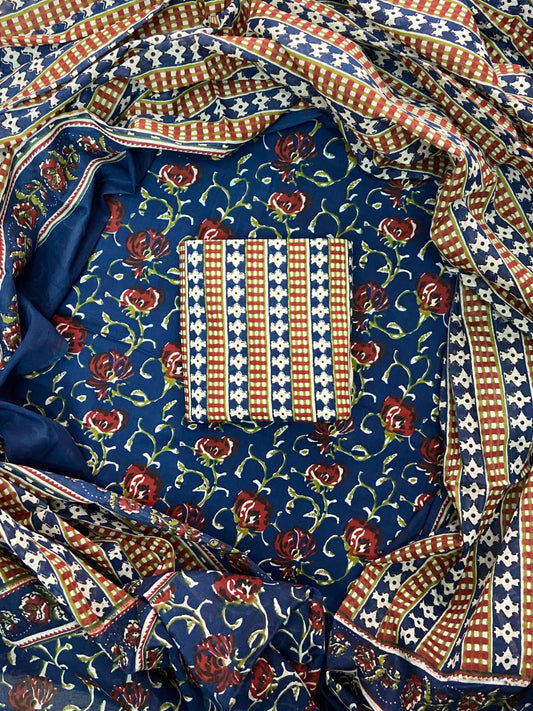 HAND BLOCK PRINT COTTON SUIT SET WITH MULMUL DUPATTA