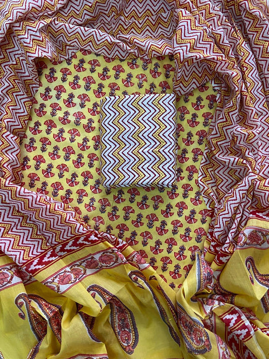 HAND BLOCK PRINT COTTON SUIT SET WITH MULMUL DUPATTA