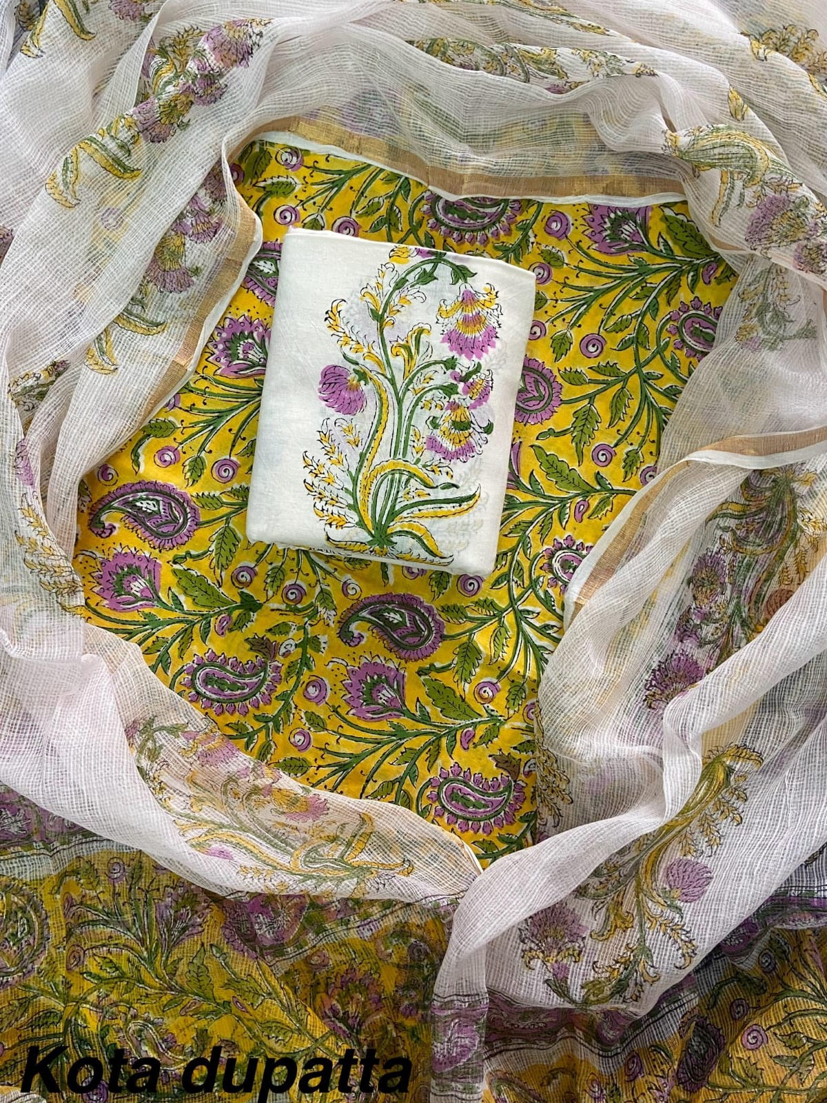 Hand Block Print Cotton Suit Set with Kota Doria Dupatta