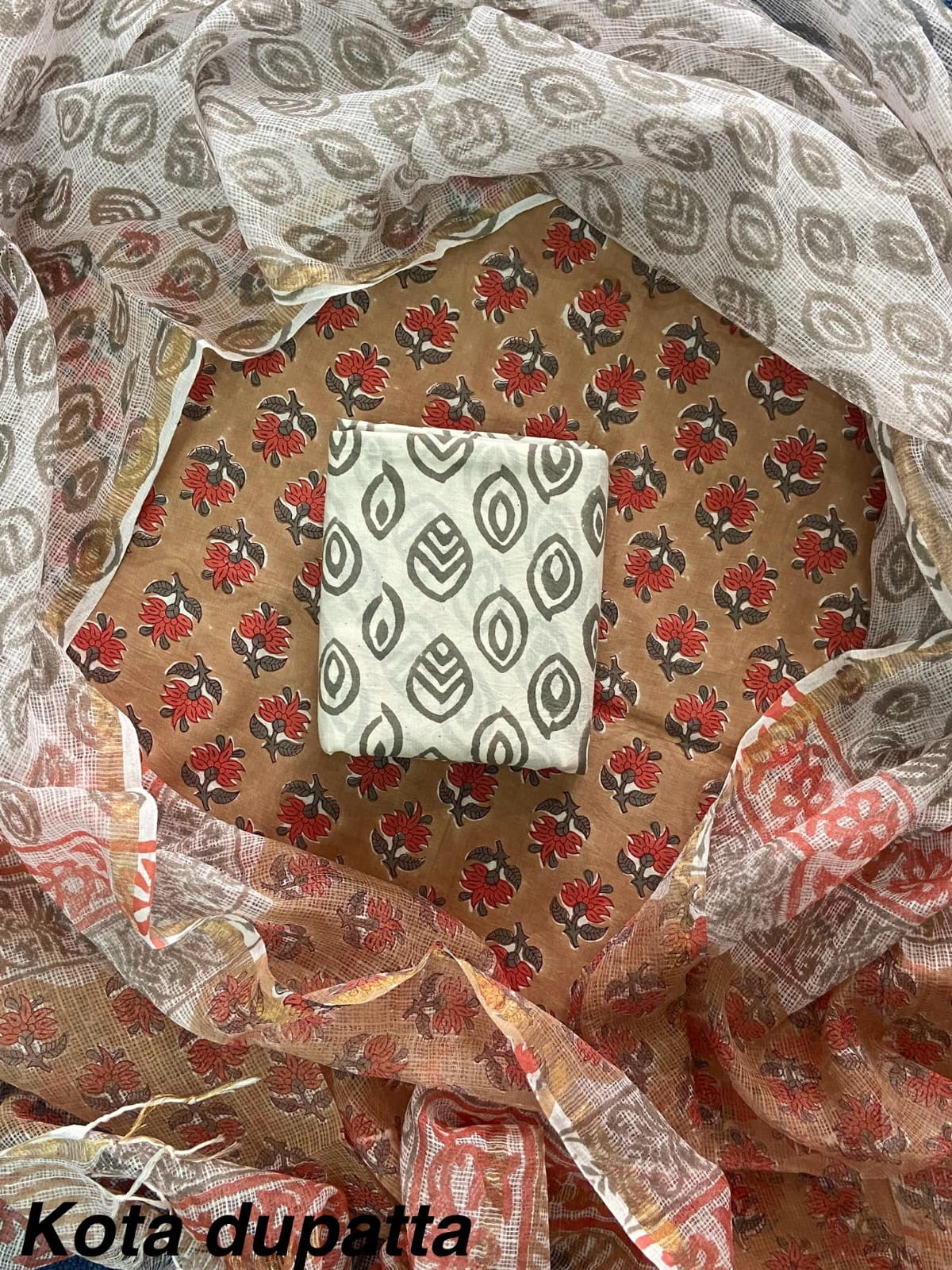 New Hand Block Print Cotton Suit Set with Kota Doria Dupatta