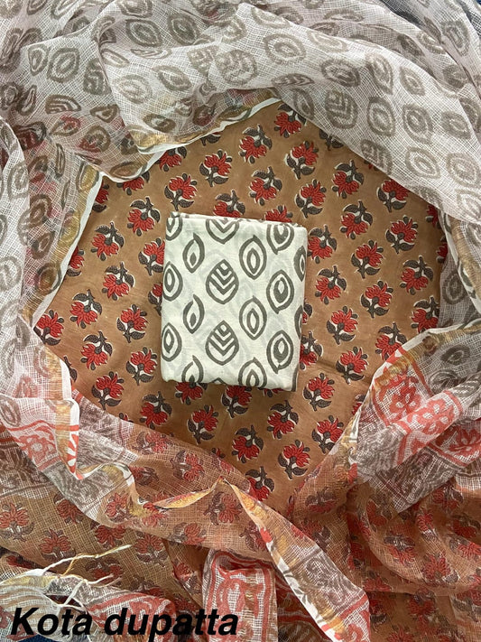 New Hand Block Print Cotton Suit Set with Kota Doria Dupatta
