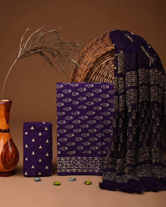 JAAL HAND BLOCK PRINT COTTON SUIT SET WITH CHIFFON DUPATTA(SWCFCOTMU02)