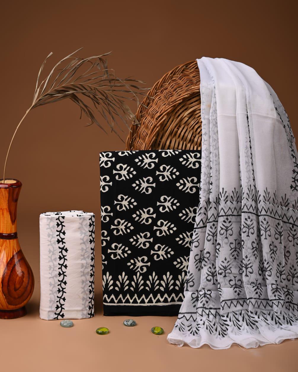 JAAL HAND BLOCK PRINT COTTON SUIT SET WITH CHIFFON DUPATTA(SWCFCOTMU36)