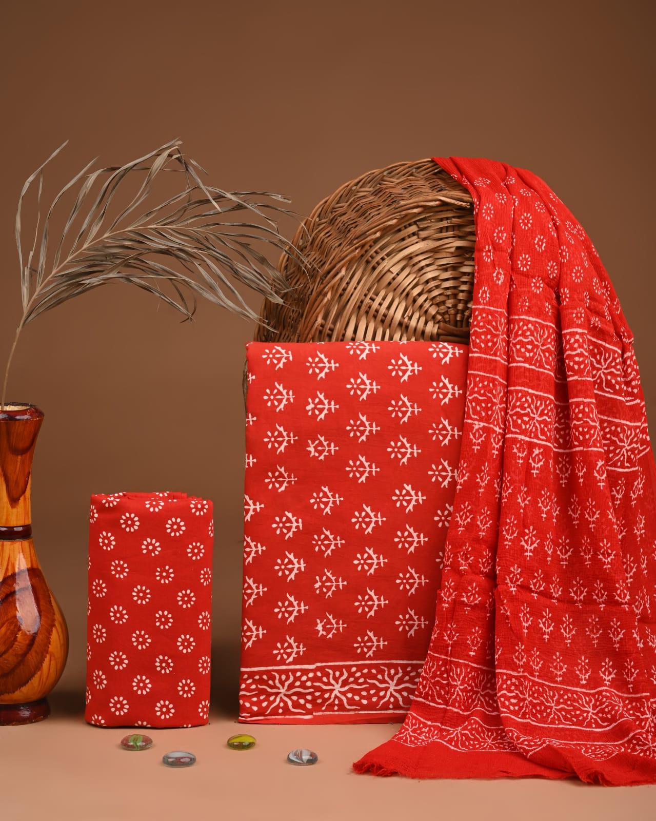 JAAL HAND BLOCK PRINT COTTON SUIT SET WITH CHIFFON DUPATTA(SWCFCOTMU35)