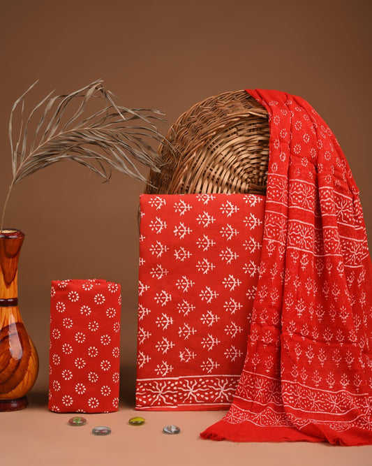 JAAL HAND BLOCK PRINT COTTON SUIT SET WITH CHIFFON DUPATTA(SWCFCOTMU35)