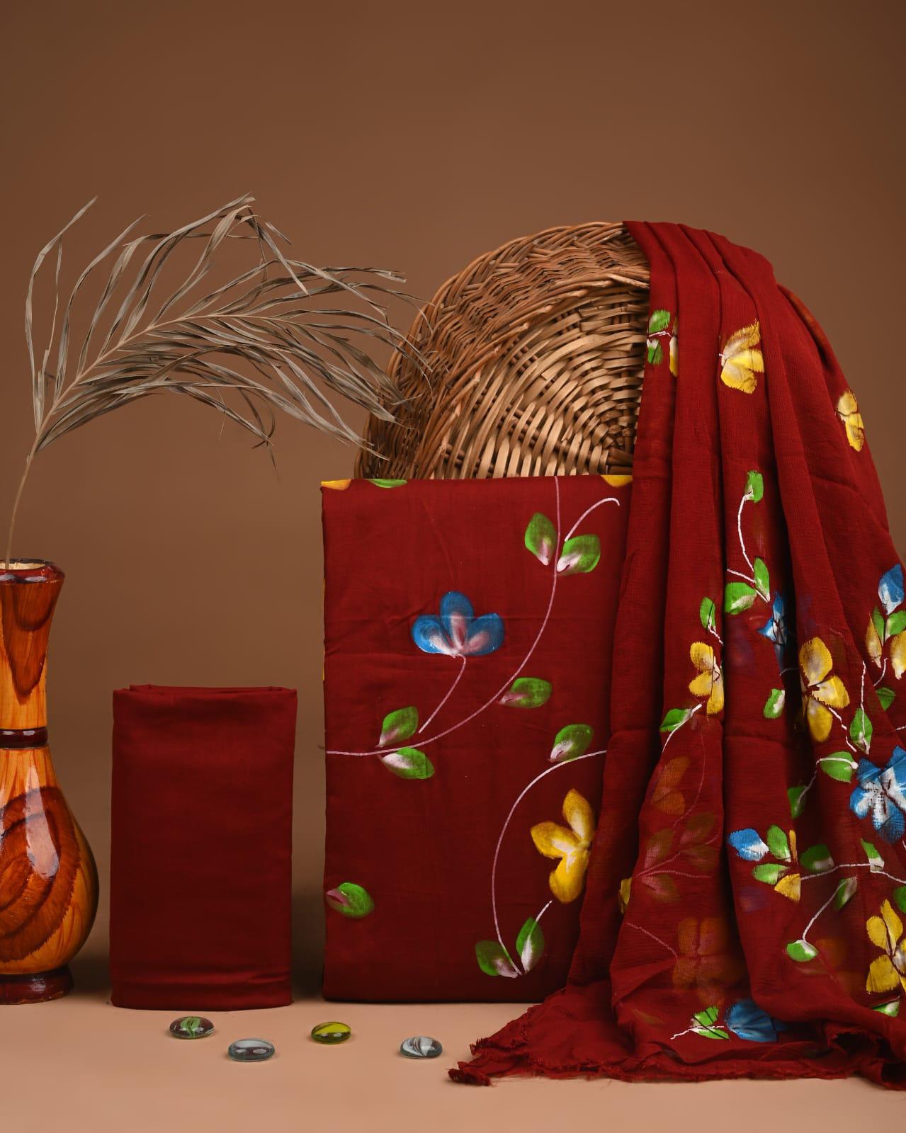 JAAL HAND BLOCK PRINT COTTON SUIT SET WITH CHIFFON DUPATTA(SWCFCOTMU30)