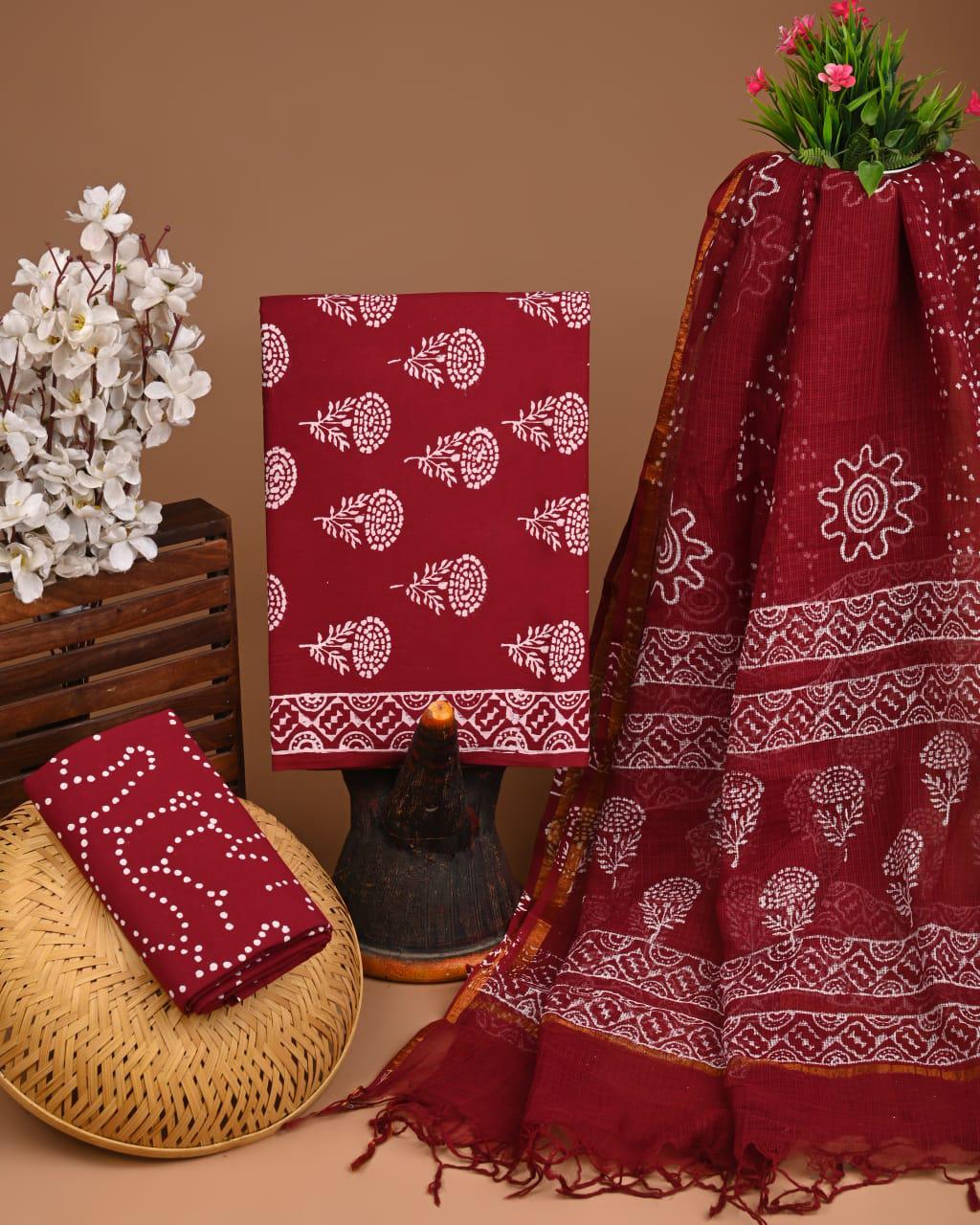 DESIGNER HAND BLOCK PRINT COTTON SUIT SET WITH KOTA DORIA DUPATTA