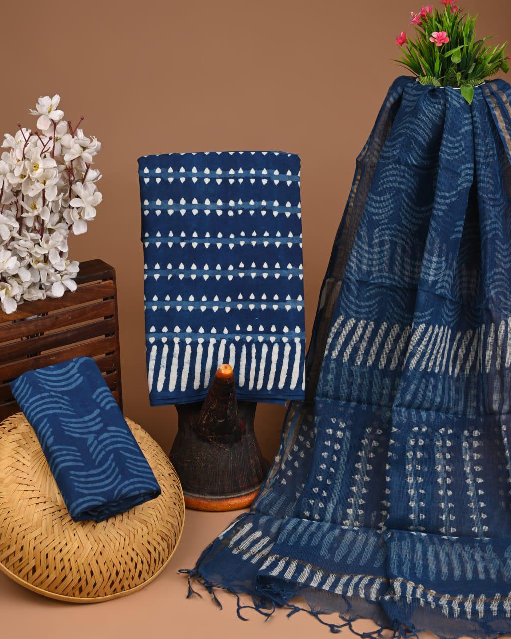 Hand Block Print Cotton Suit Set with Kota Doria Dupatta