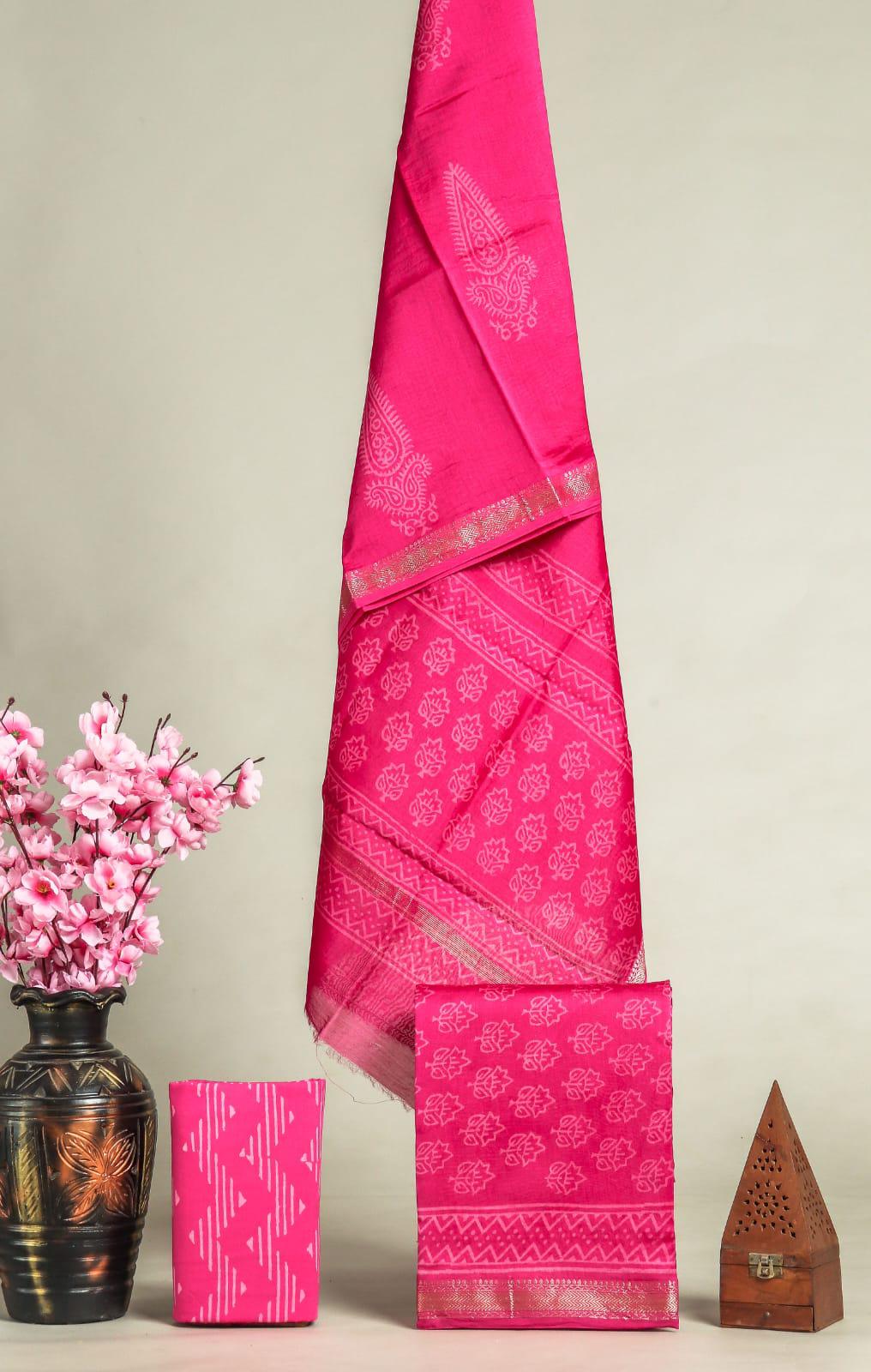New Exclusive Hand Block Print Maheshwari Silk Suit Set