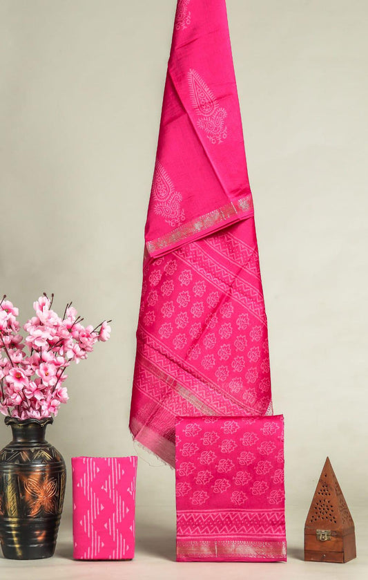New Exclusive Hand Block Print Maheshwari Silk Suit Set