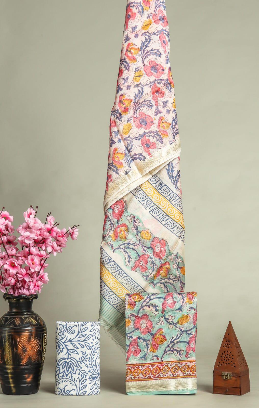 New Exclusive Hand Block Print Maheshwari Silk Suit Set (Copy)