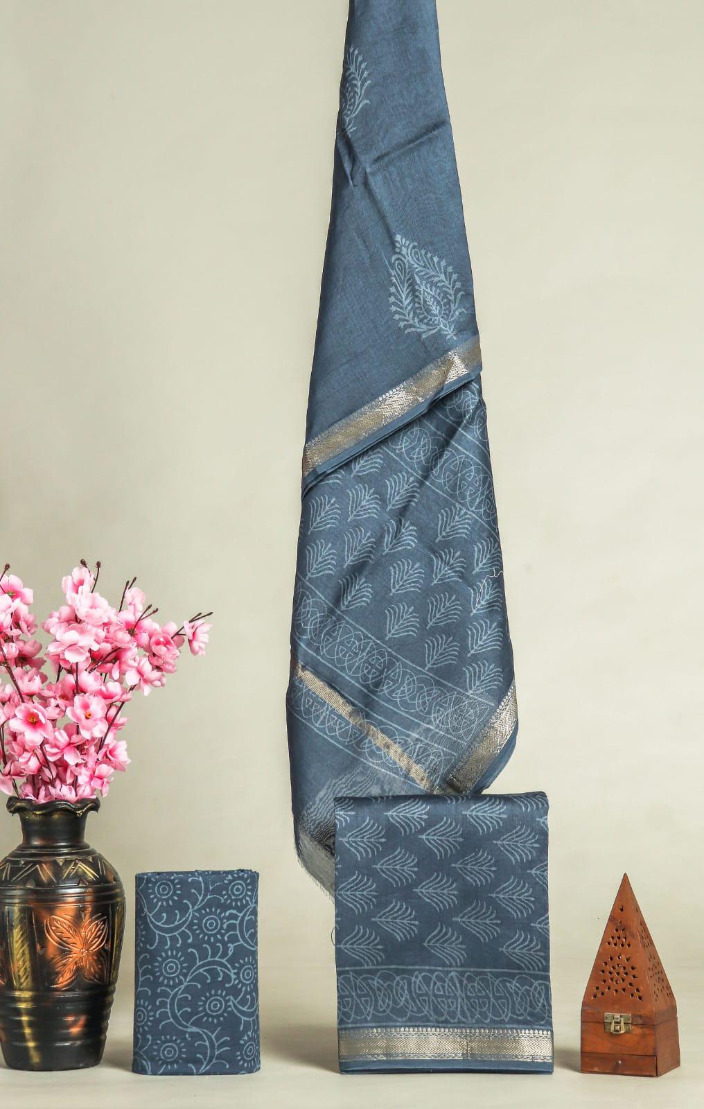 New Exclusive Hand Block Print Maheshwari Silk Suit Set