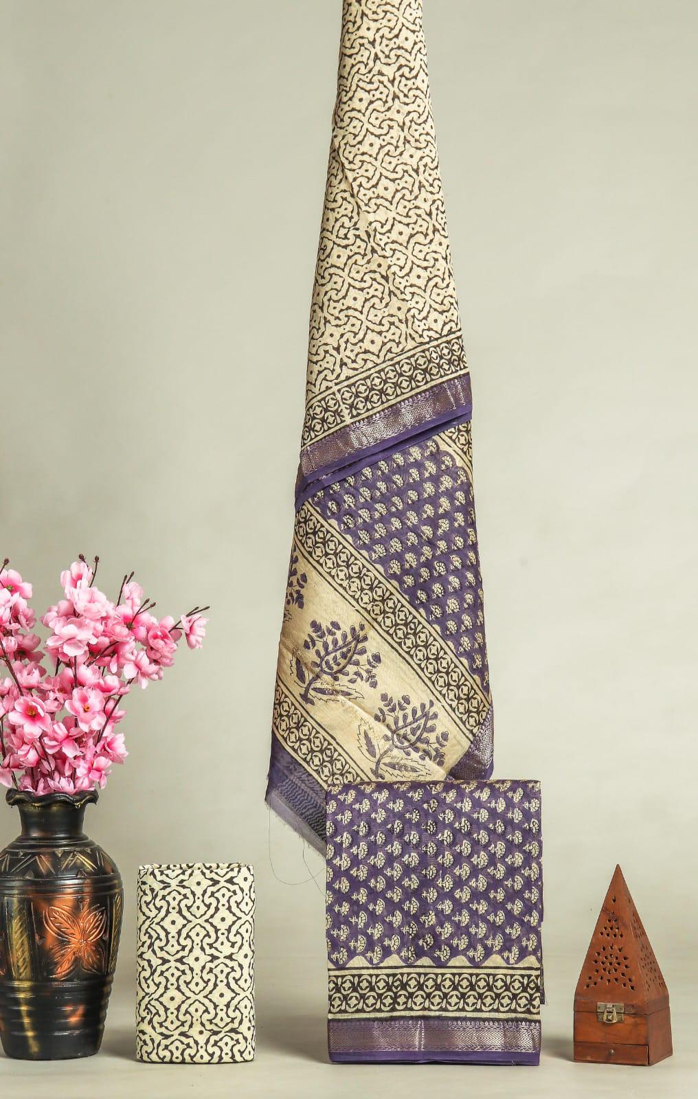 New Exclusive Hand Block Print Maheshwari Silk Suit Set