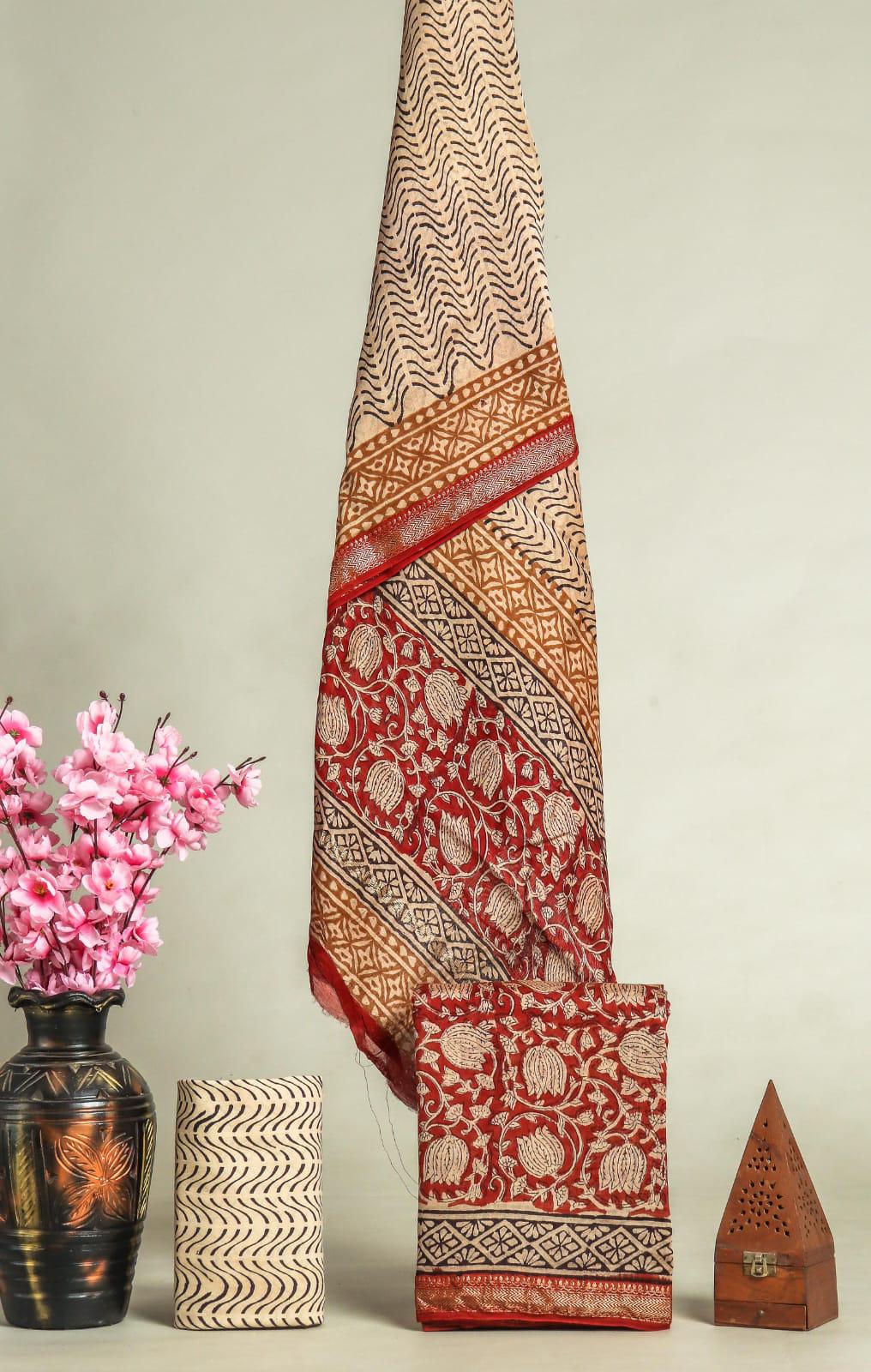 New Exclusive Hand Block Print Maheshwari Silk Suit Set