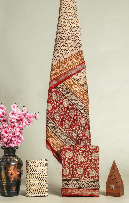 New Exclusive Hand Block Print Maheshwari Silk Suit Set