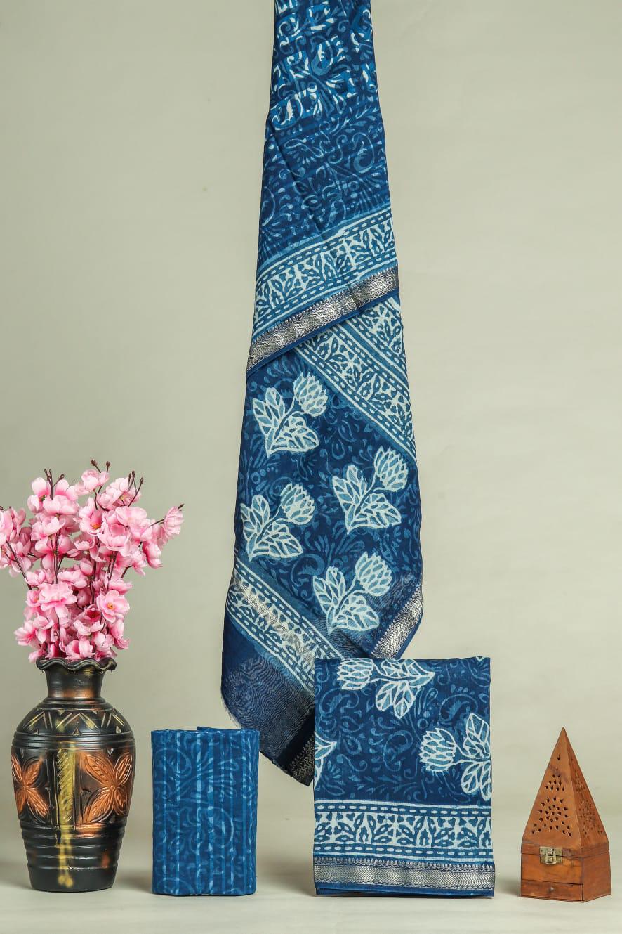New Exclusive Hand Block Print Maheshwari Silk Suit Set