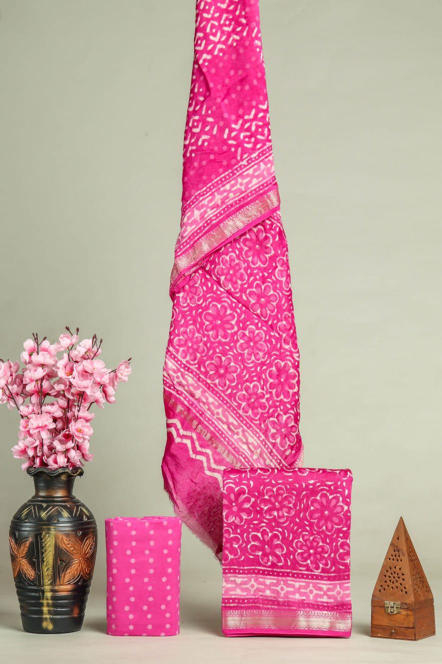 New Exclusive Hand Block Print Maheshwari Silk Suit Set