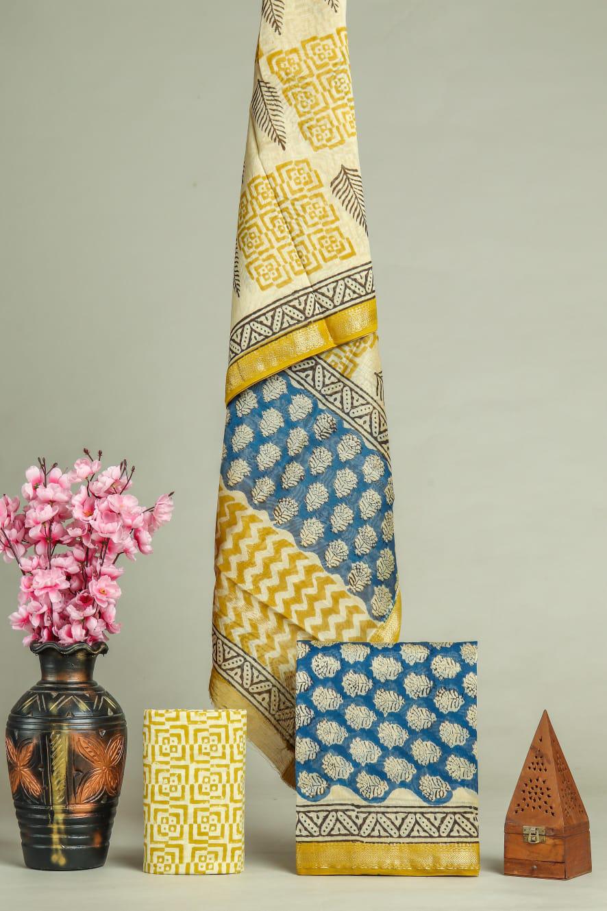 New Exclusive Hand Block Print Maheshwari Silk Suit Set