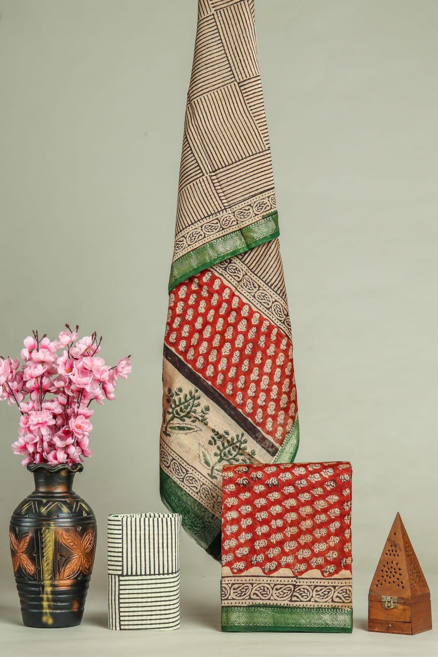 New Exclusive Hand Block Print Maheshwari Silk Suit Set