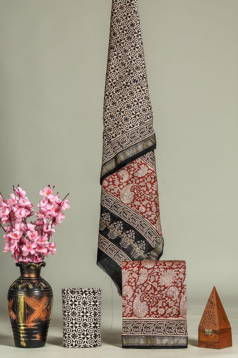 New Exclusive Hand Block Print Maheshwari Silk Suit Set
