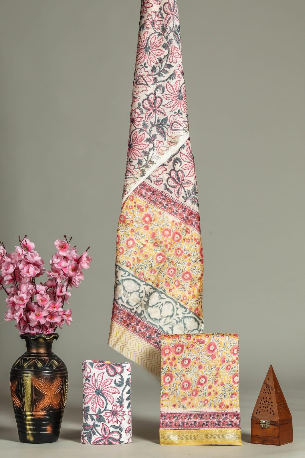 New Exclusive Hand Block Print Maheshwari Silk Suit Set