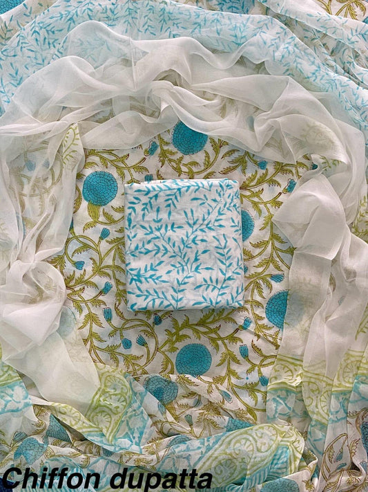 JAAL HAND BLOCK PRINT COTTON SUIT SET WITH CHIFFON DUPATTA