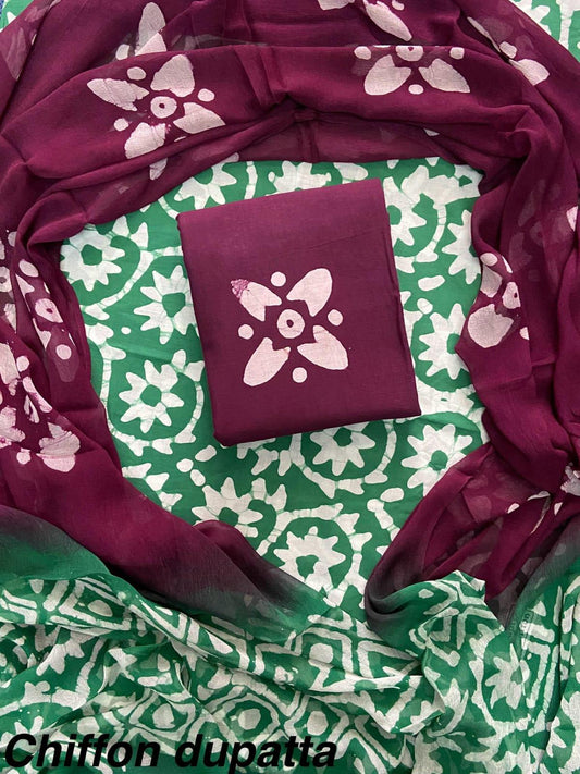 JAAL HAND BLOCK PRINT COTTON SUIT SET WITH CHIFFON DUPATTA