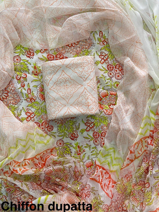 JAAL HAND BLOCK PRINT COTTON SUIT SET WITH CHIFFON DUPATTA