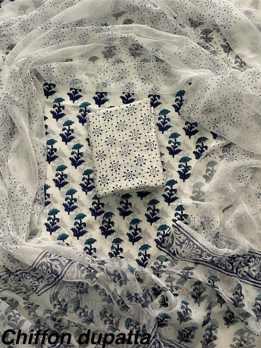 JAAL HAND BLOCK PRINT COTTON SUIT SET WITH CHIFFON DUPATTA