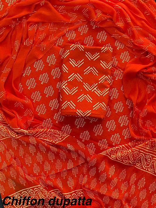 JAAL HAND BLOCK PRINT COTTON SUIT SET WITH CHIFFON DUPATTA