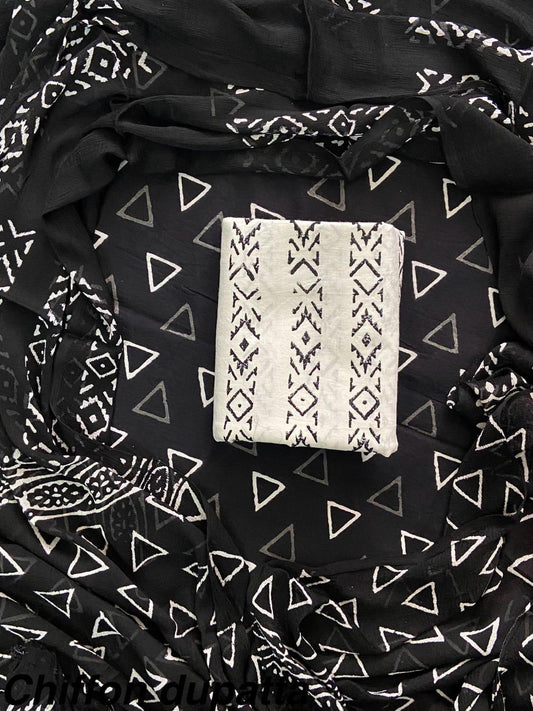 JAAL HAND BLOCK PRINT COTTON SUIT SET WITH CHIFFON DUPATTA