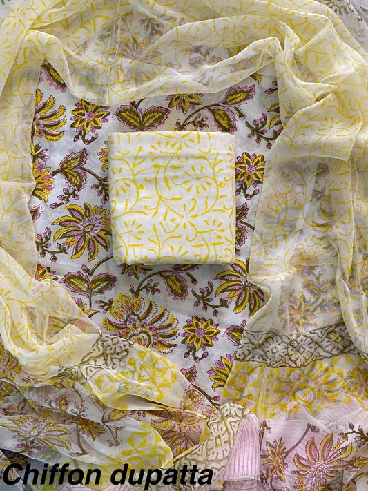 JAAL HAND BLOCK PRINT COTTON SUIT SET WITH CHIFFON DUPATTA