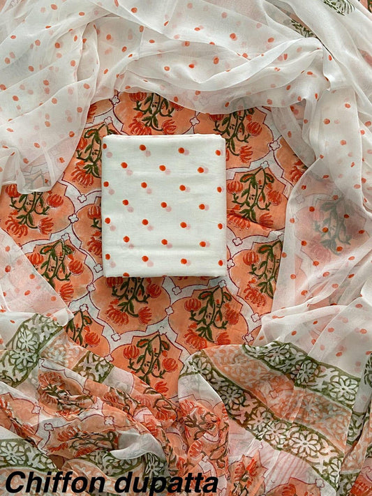 JAAL HAND BLOCK PRINT COTTON SUIT SET WITH CHIFFON DUPATTA