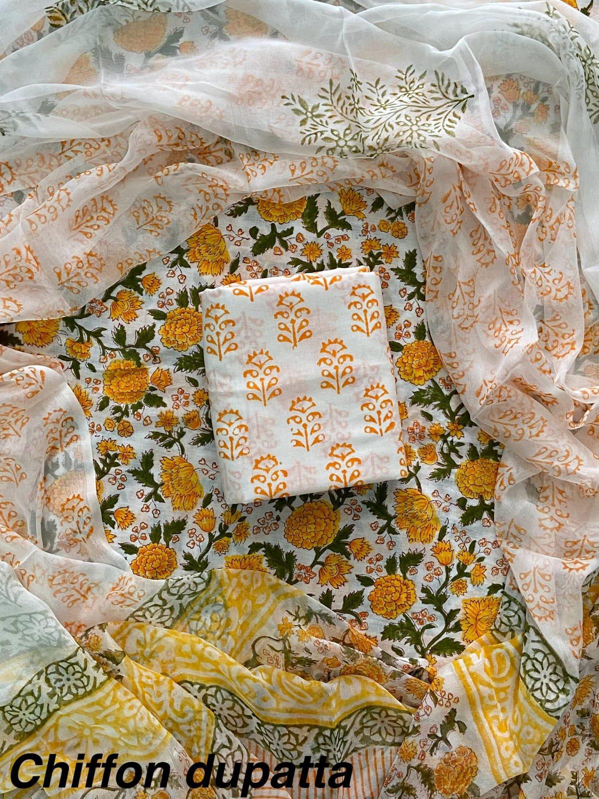 JAAL HAND BLOCK PRINT COTTON SUIT SET WITH CHIFFON DUPATTA