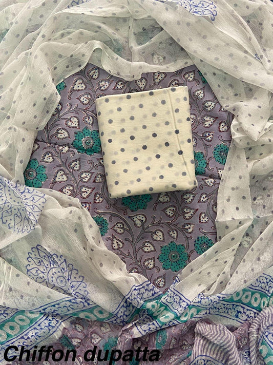 JAAL HAND BLOCK PRINT COTTON SUIT SET WITH CHIFFON DUPATTA